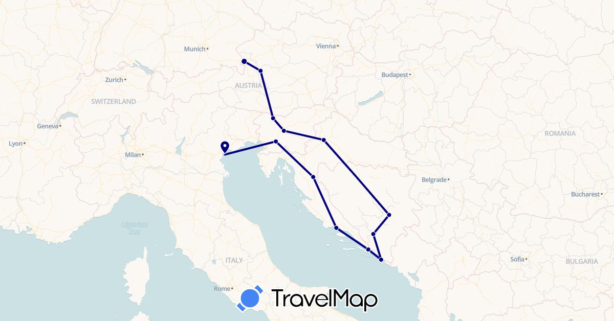 TravelMap itinerary: driving in Austria, Bosnia and Herzegovina, Croatia, Italy, Slovenia (Europe)